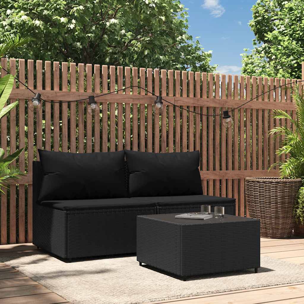 3 Pcs conjunto lounge de jardim c/ almofadões vime PE preto