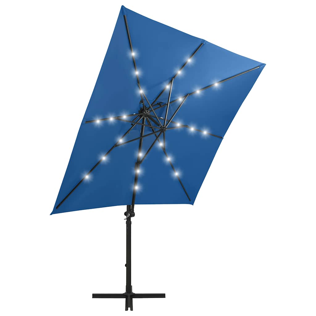 Guarda-sol jardim cantilever poste/luzes LED 250 cm azul-ciano