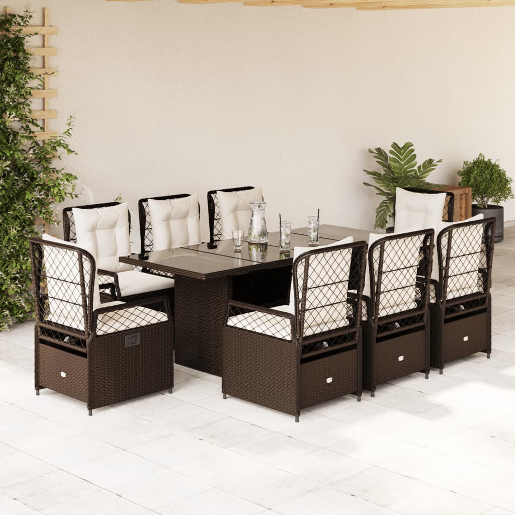 9 Pcs conjunto jantar p/ jardim c/ almofadões vime PE castanho
