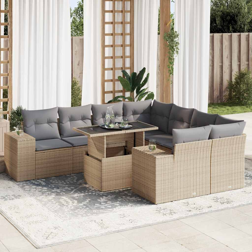 9 Pcs conjunto de sofás p/ jardim com almofadões vime PE bege