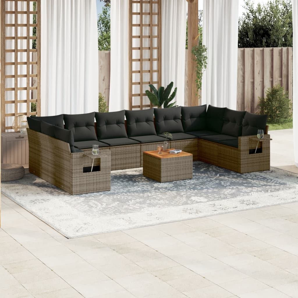 11 Pcs conjunto sofás de jardim c/ almofadões vime PE cinzento