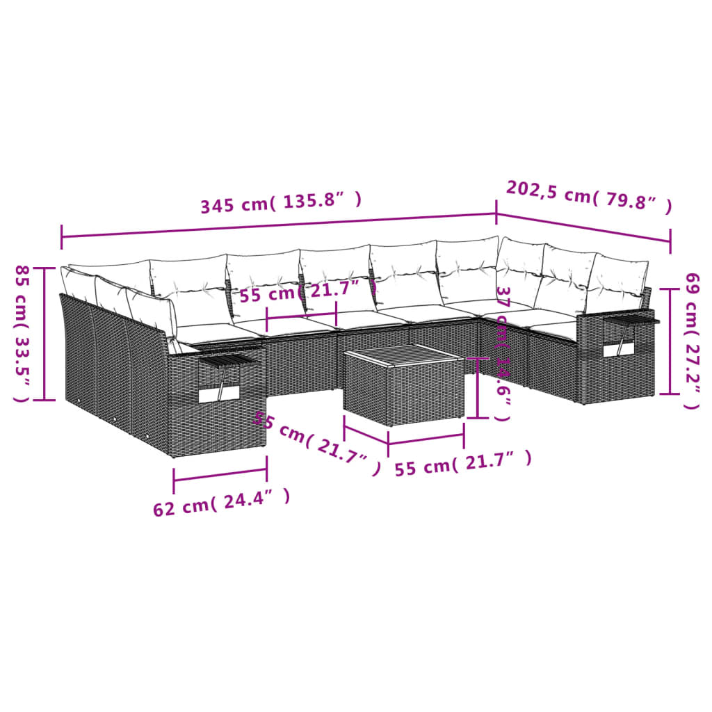 11 Pcs conjunto sofás de jardim c/ almofadões vime PE cinzento