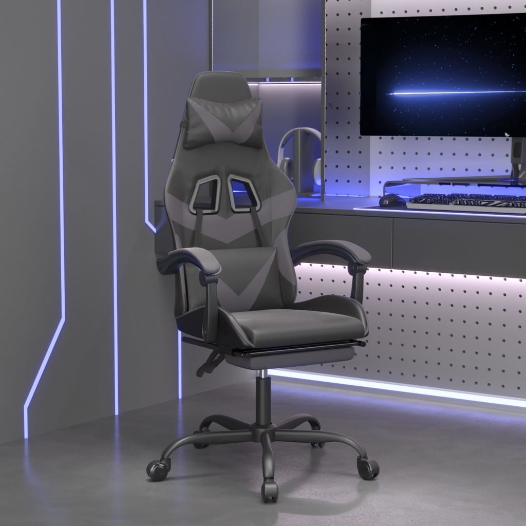 Cadeira gaming c/ apoio pés couro artificial preto e cinza
