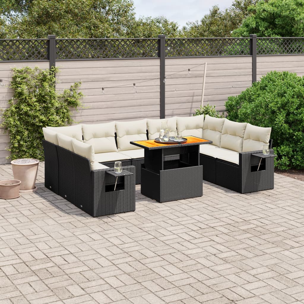 10 Pcs conjunto sofás de jardim c/ almofadões vime PE preto