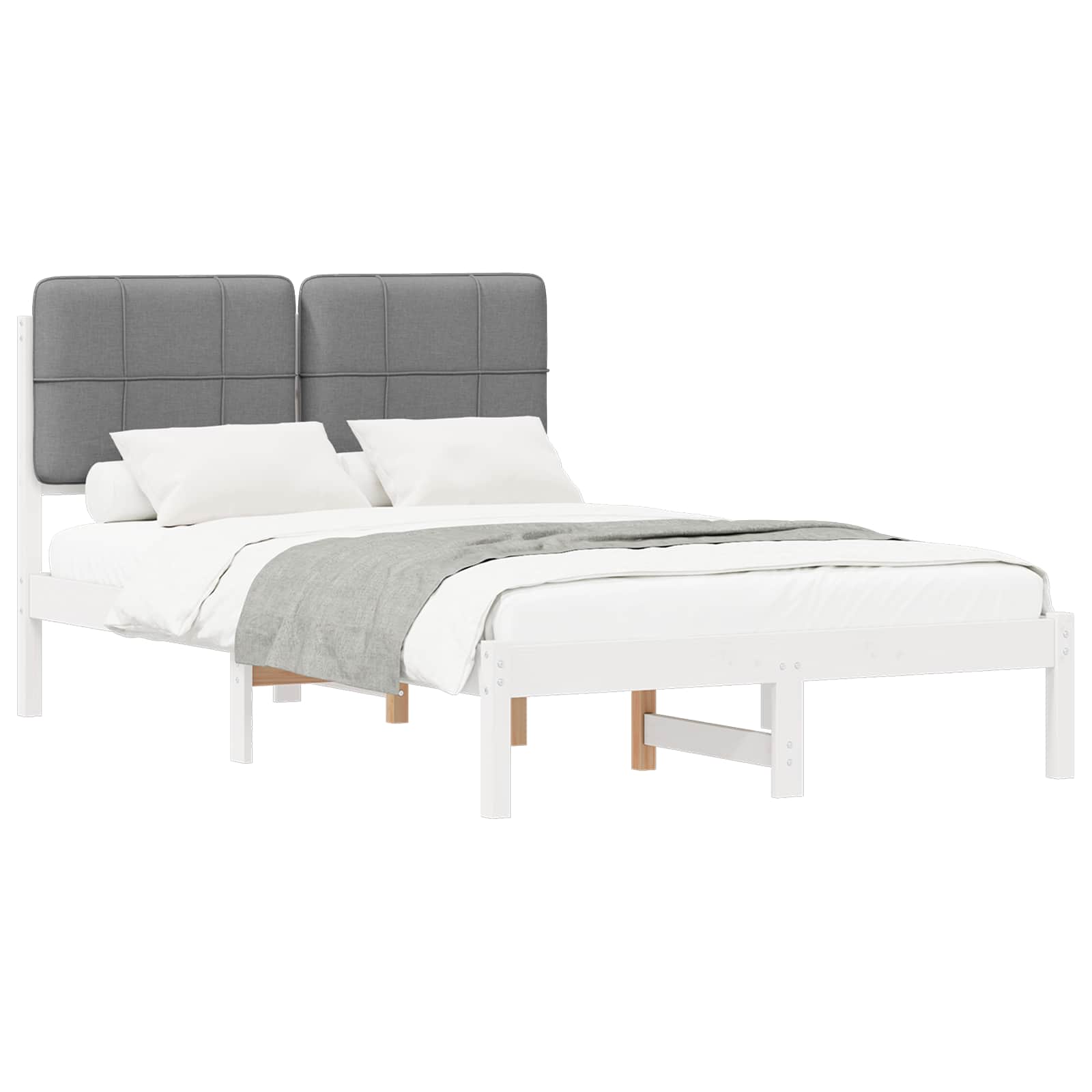 Estrutura de cama com cabeceira estofada cinzento-claro
