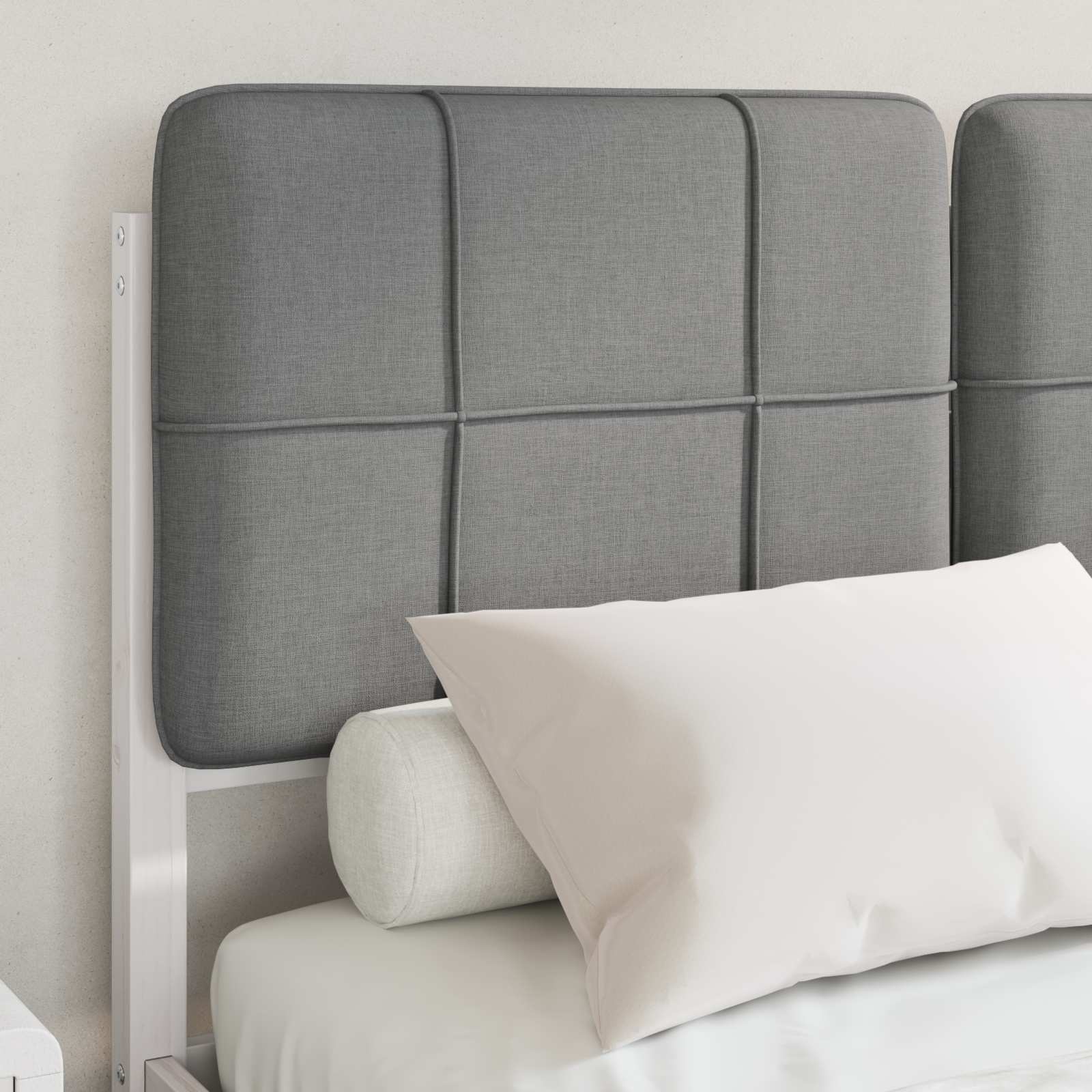 Estrutura de cama com cabeceira estofada cinzento-claro