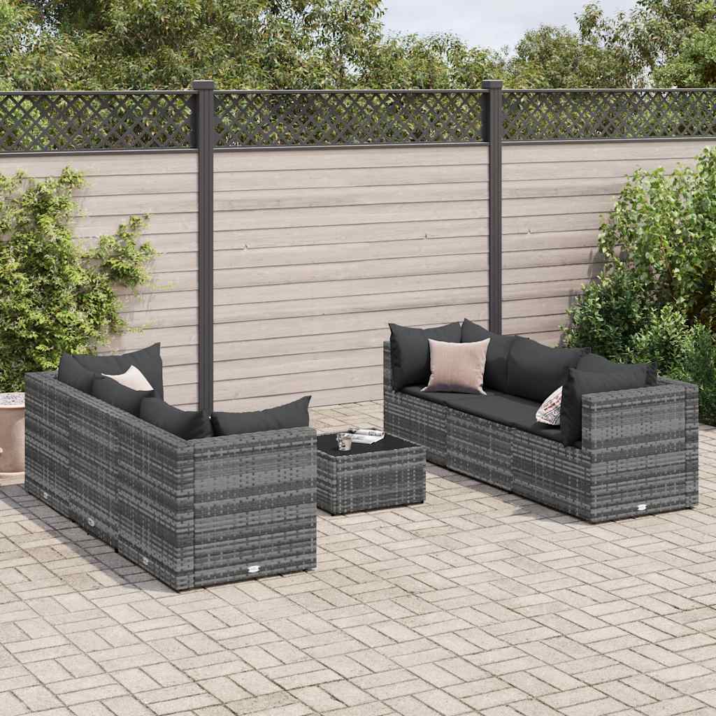 7 Pcs conjunto lounge de jardim c/ almofadões vime PE cinzento
