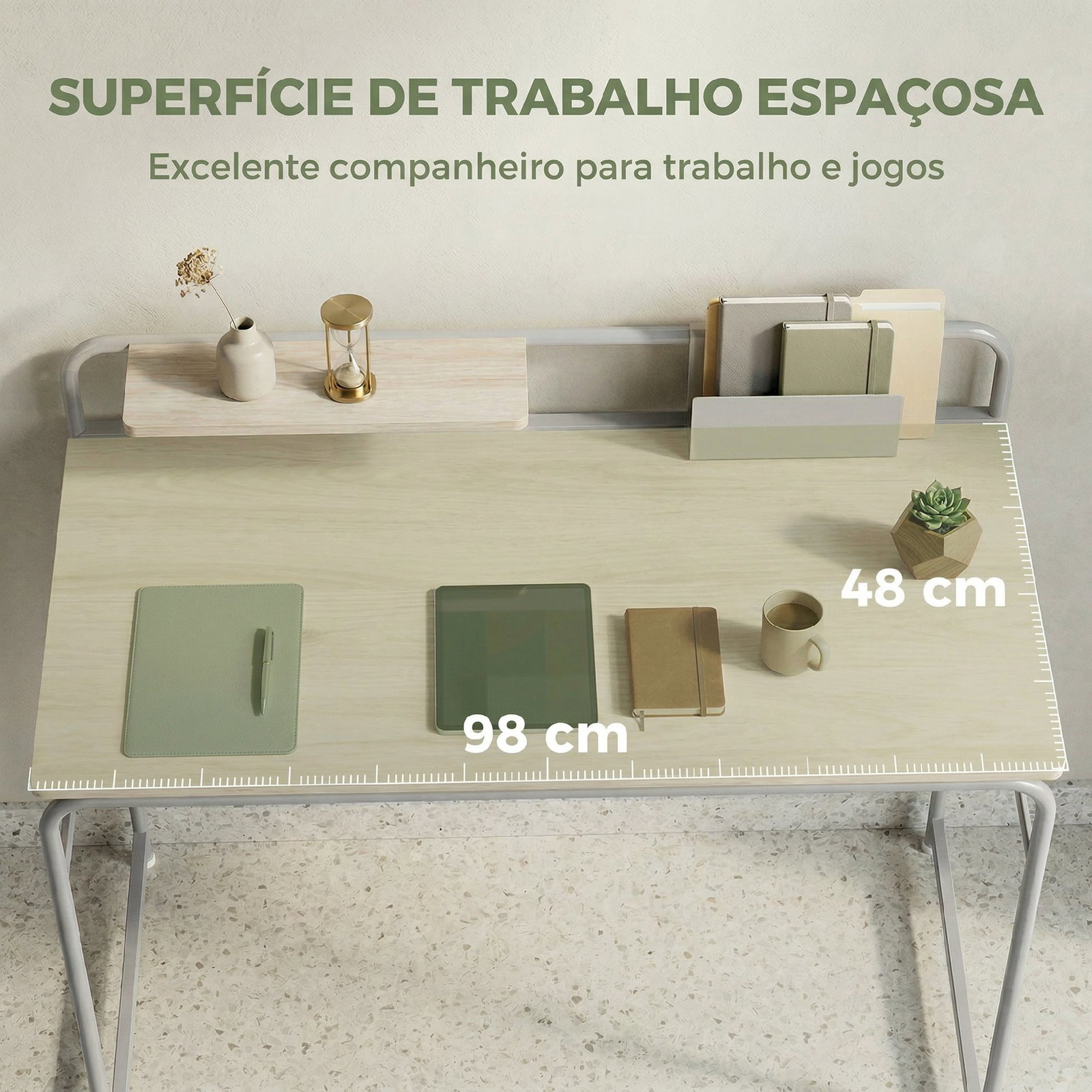Secretária moderna com prateleira e estrutura metálica fácil montagem 98x48x88,5 cm carvalho