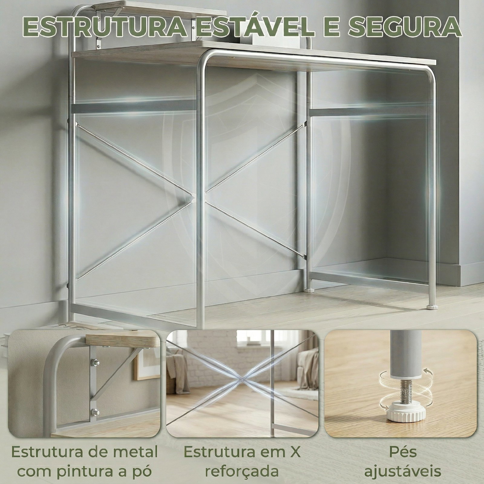 Secretária moderna com prateleira e estrutura metálica fácil montagem 98x48x88,5 cm carvalho