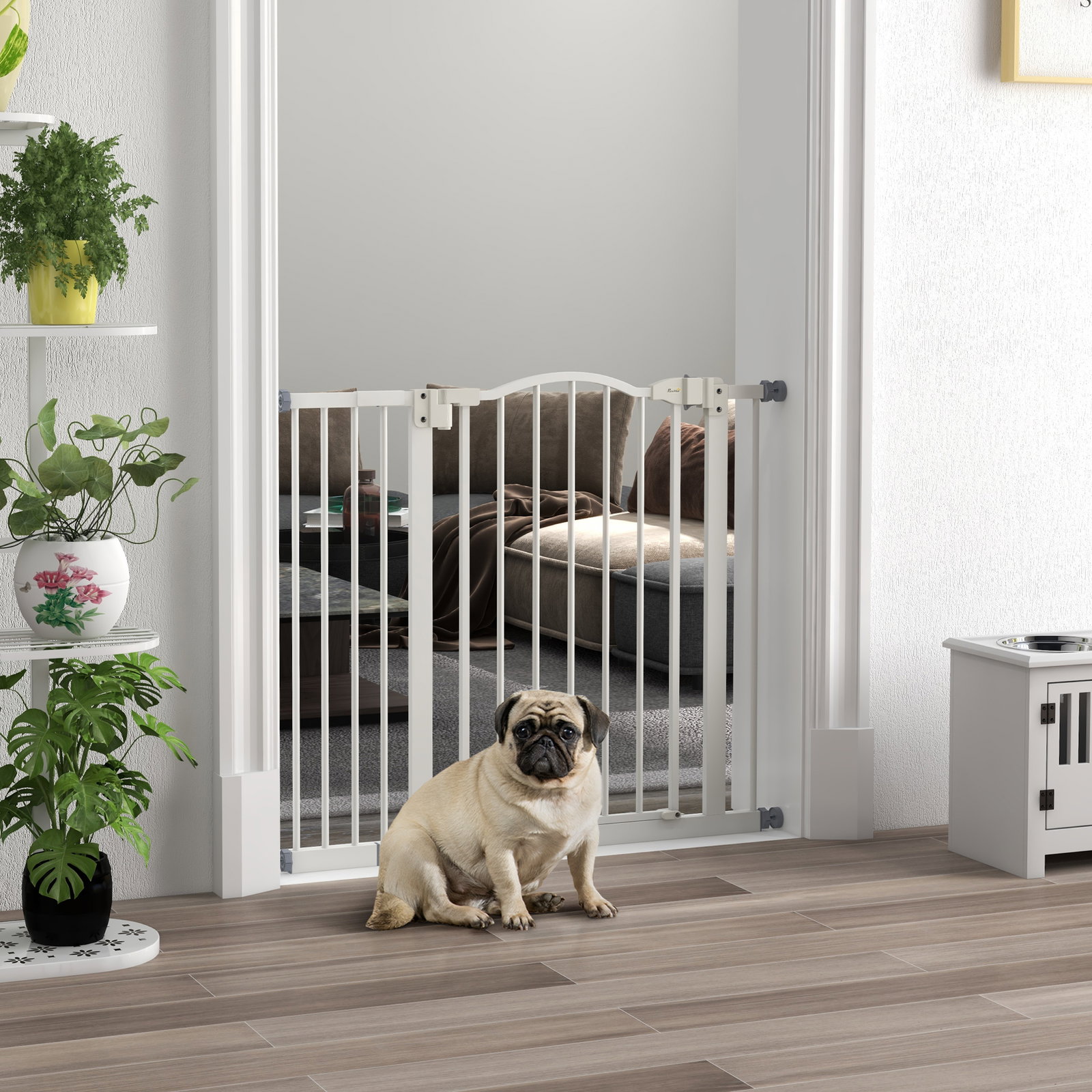 Barreira de segurança para cães com largura ajustável 74-94 cm e extensão para escadas e portas branco
