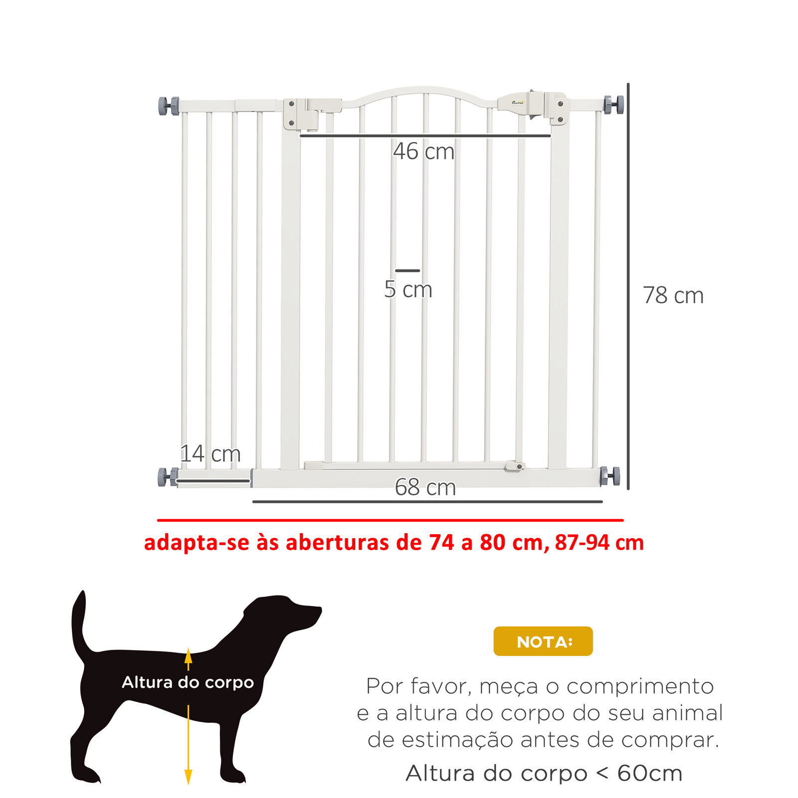 Barreira de segurança para cães com largura ajustável 74-94 cm e extensão para escadas e portas branco