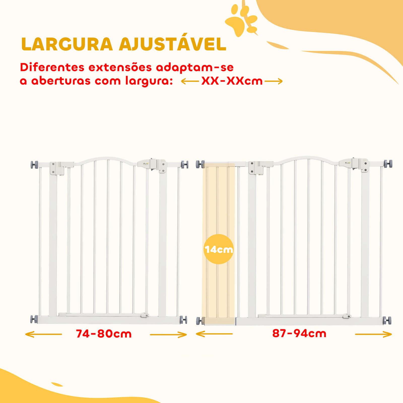 Barreira de segurança para cães com largura ajustável 74-94 cm e extensão para escadas e portas branco