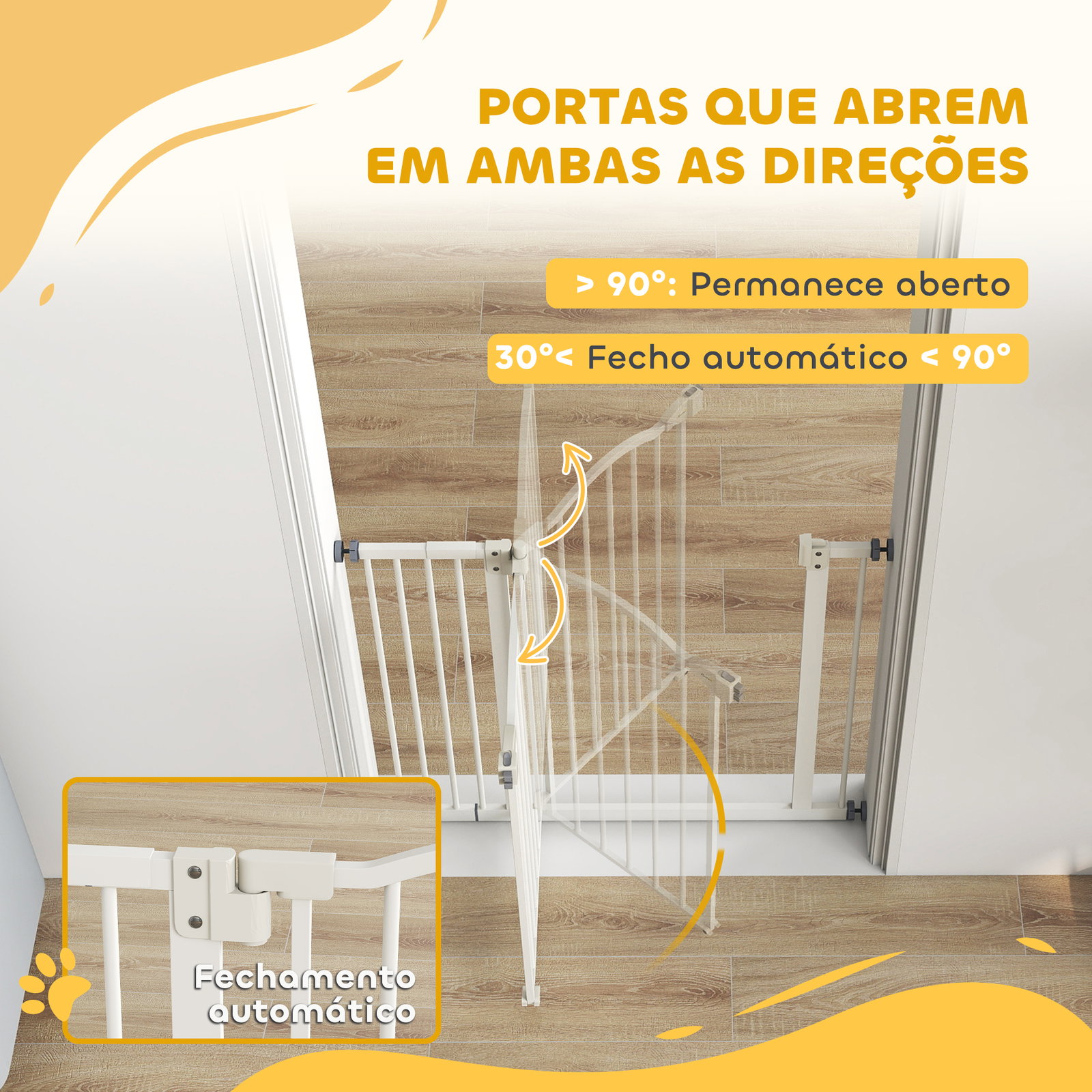 Barreira de segurança para cães com largura ajustável 74-94 cm e extensão para escadas e portas branco