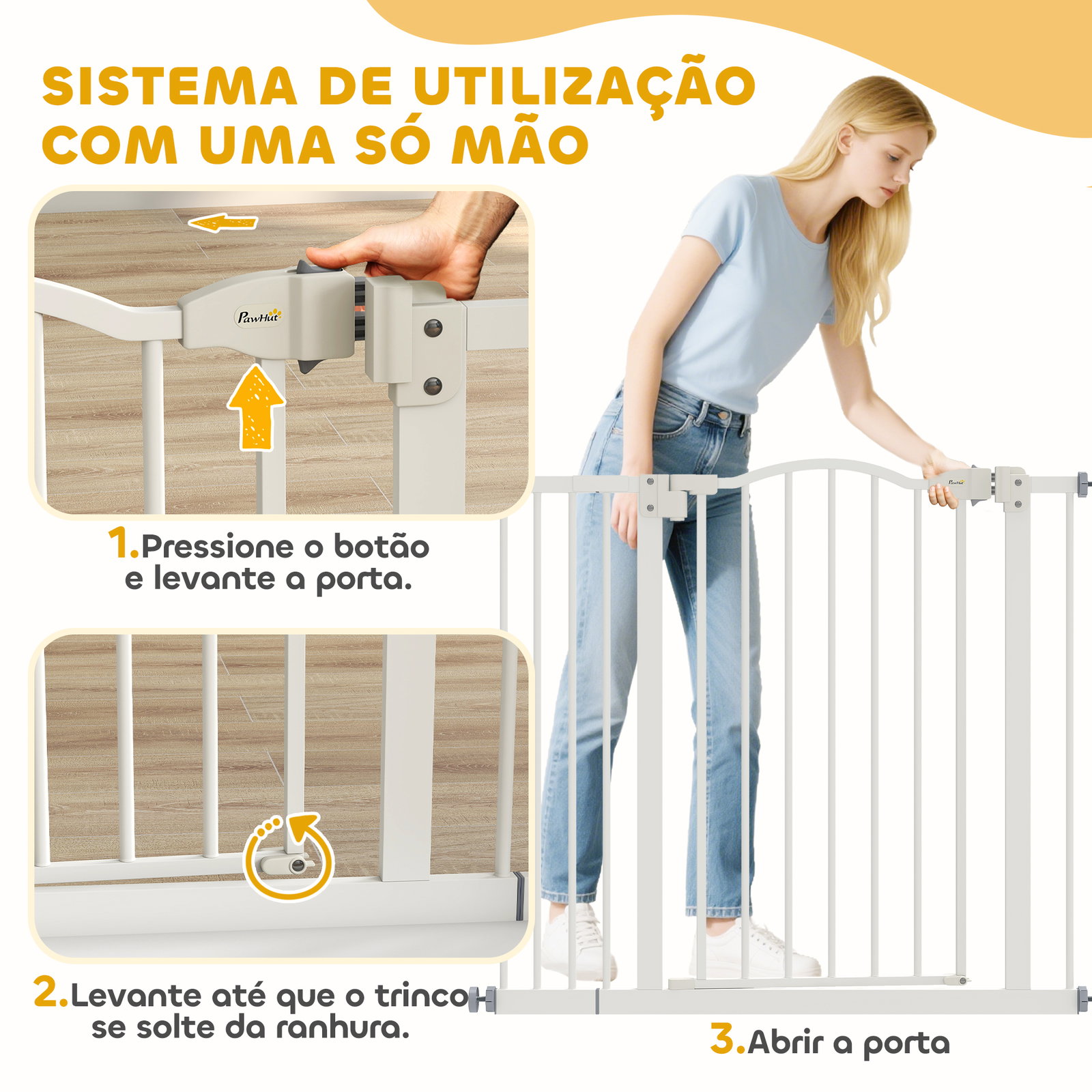 Barreira de segurança para cães com largura ajustável 74-94 cm e extensão para escadas e portas branco