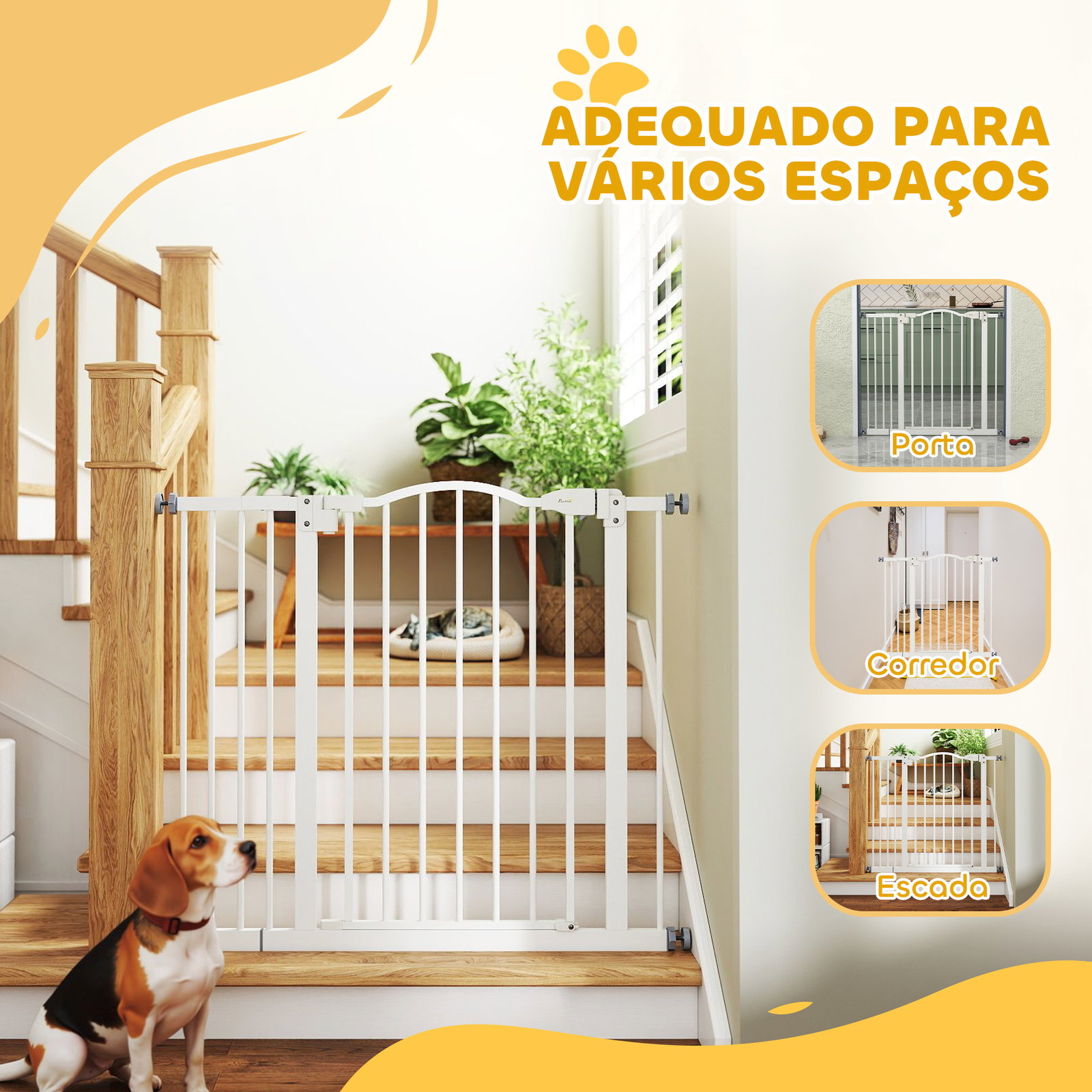 Barreira de segurança para cães com largura ajustável 74-94 cm e extensão para escadas e portas branco