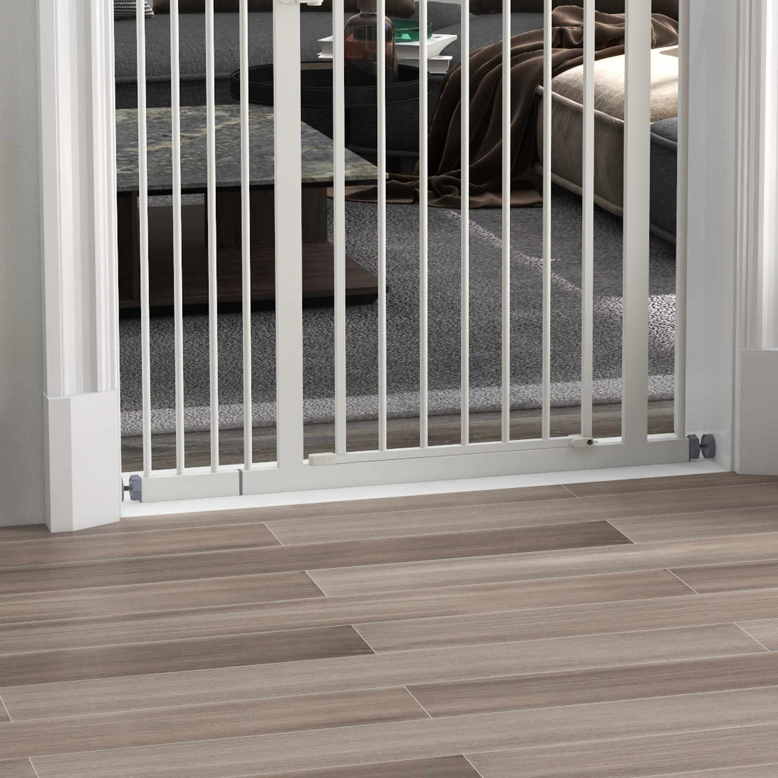 Barreira de segurança para cães com largura ajustável 74-94 cm e extensão para escadas e portas branco