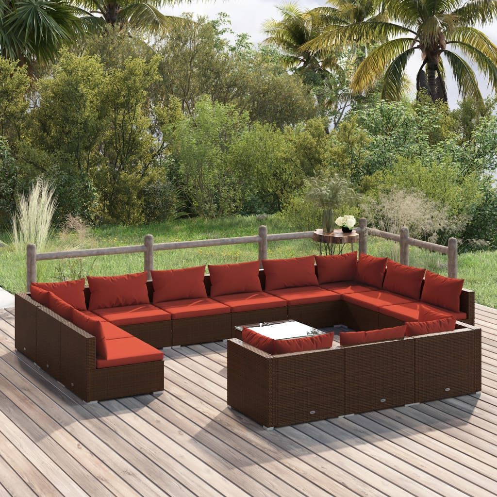 14 Pcs conjunto lounge jardim c/ almofadões vime PE castanho