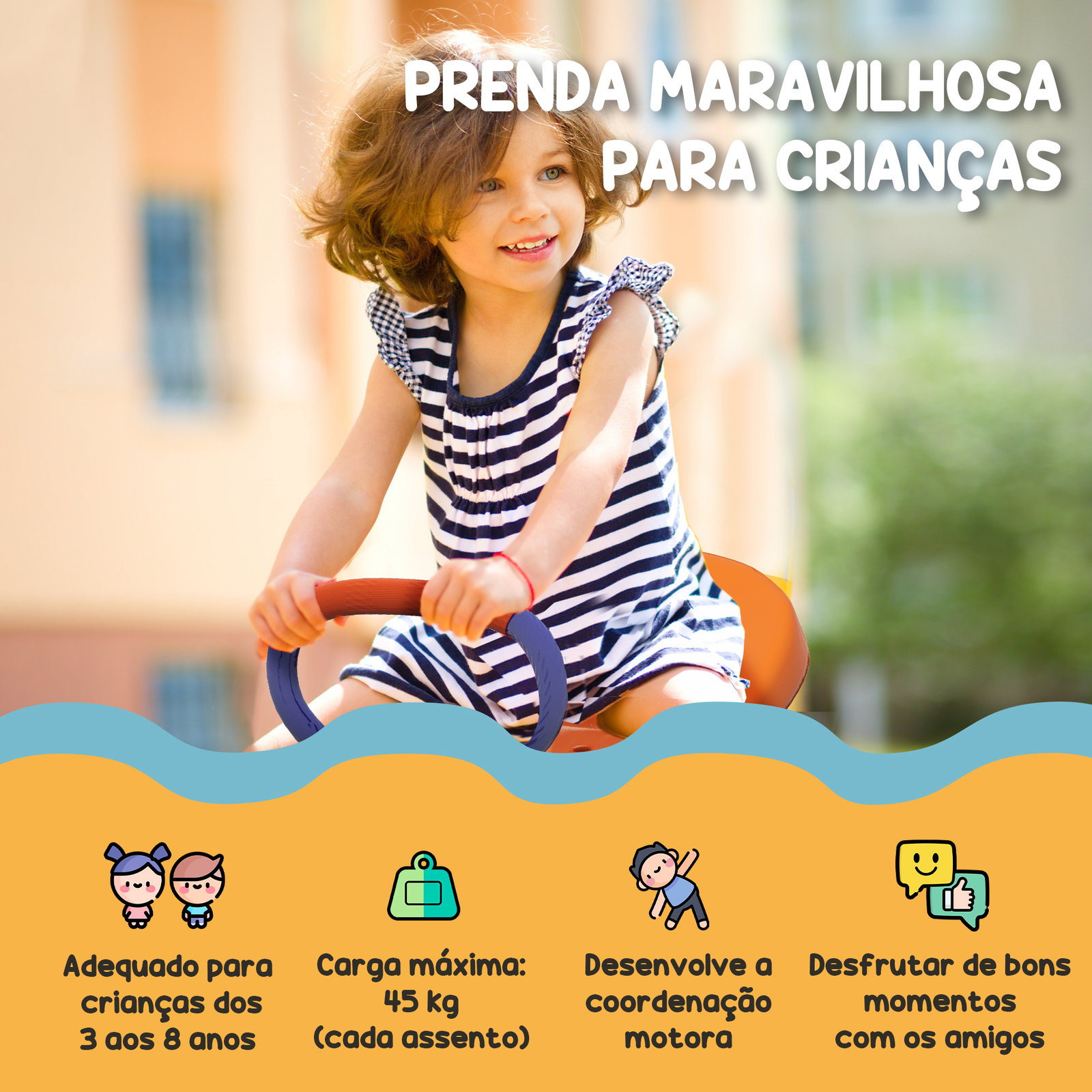 Baloiço para crianças sobe e desce infantil giratório 360° com barra de comprimento ajustável assento confortável multicolor