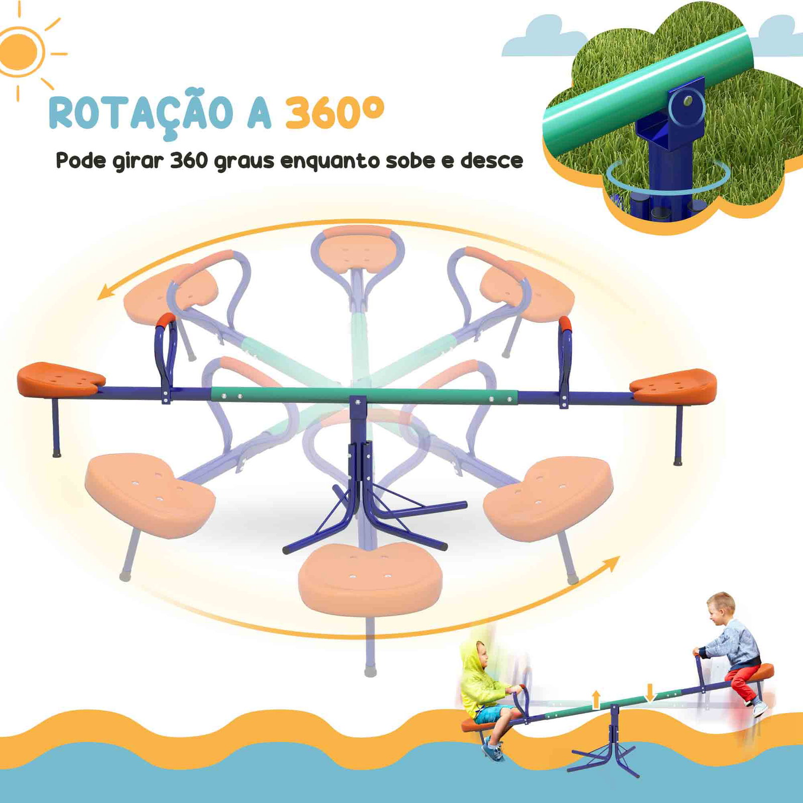 Baloiço para crianças sobe e desce infantil giratório 360° com barra de comprimento ajustável assento confortável multicolor
