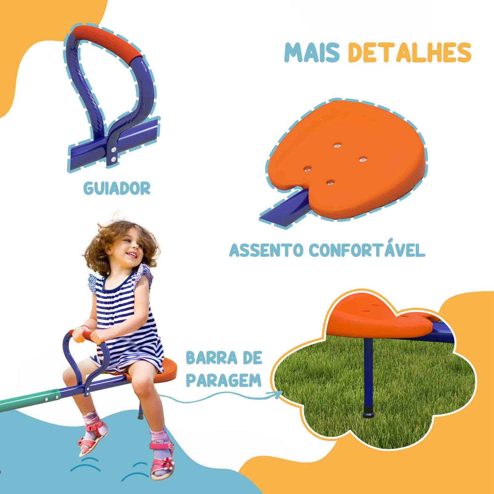 Baloiço para crianças sobe e desce infantil giratório 360° com barra de comprimento ajustável assento confortável multicolor