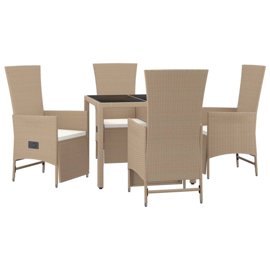5 Pcs conjunto de jantar p/ jardim com almofadões vime PE bege