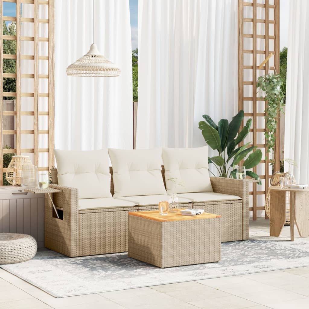 4 Pcs conjunto de sofás para jardim c/ almofadões vime PE bege