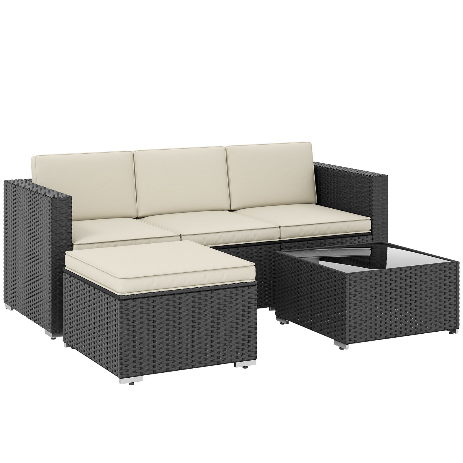 Conjunto de móveis de vime de jardim 3 peças sofá de 3 lugares com almofadas e mesa de centro com bancada de vidro preto e bege