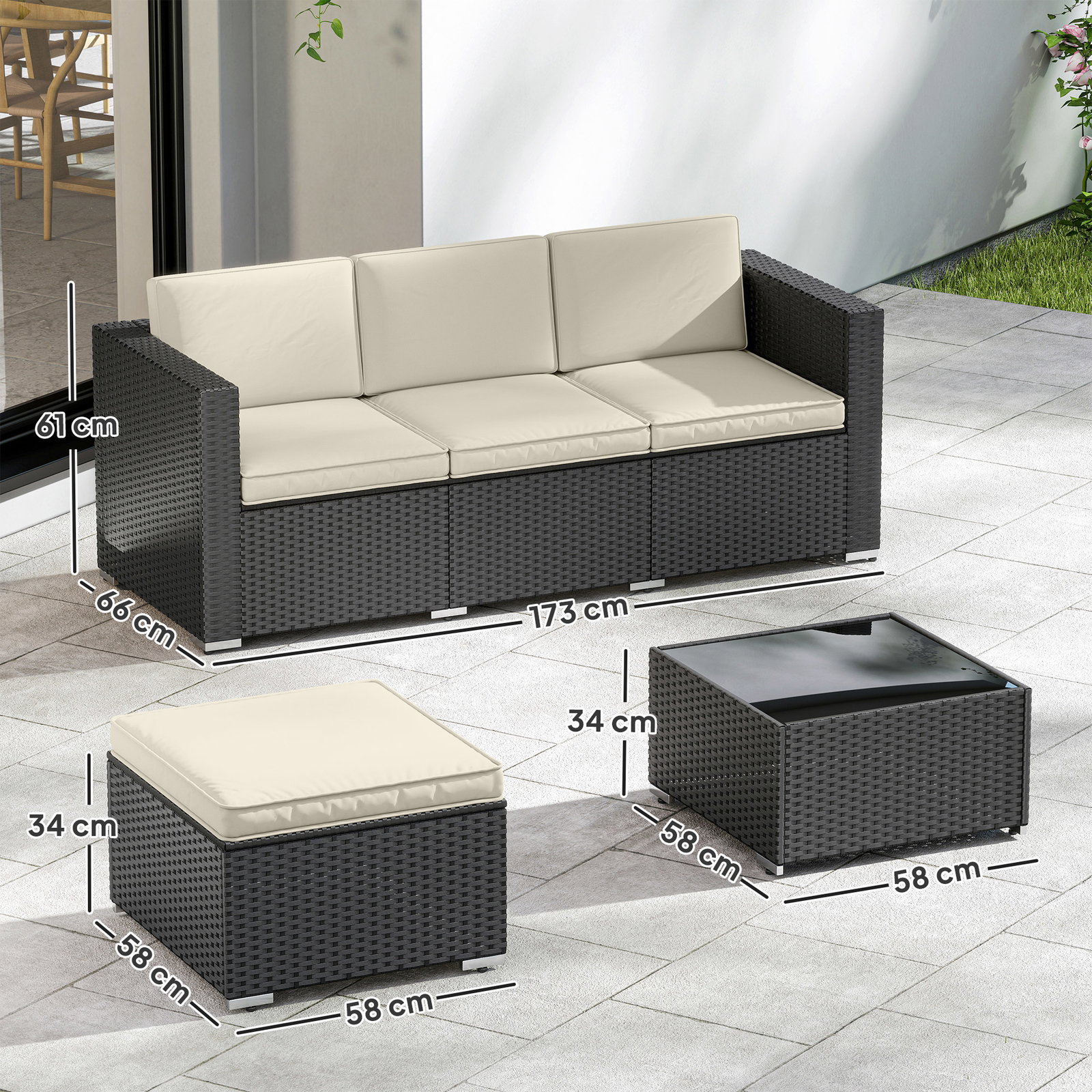 Conjunto de móveis de vime de jardim 3 peças sofá de 3 lugares com almofadas e mesa de centro com bancada de vidro preto e bege