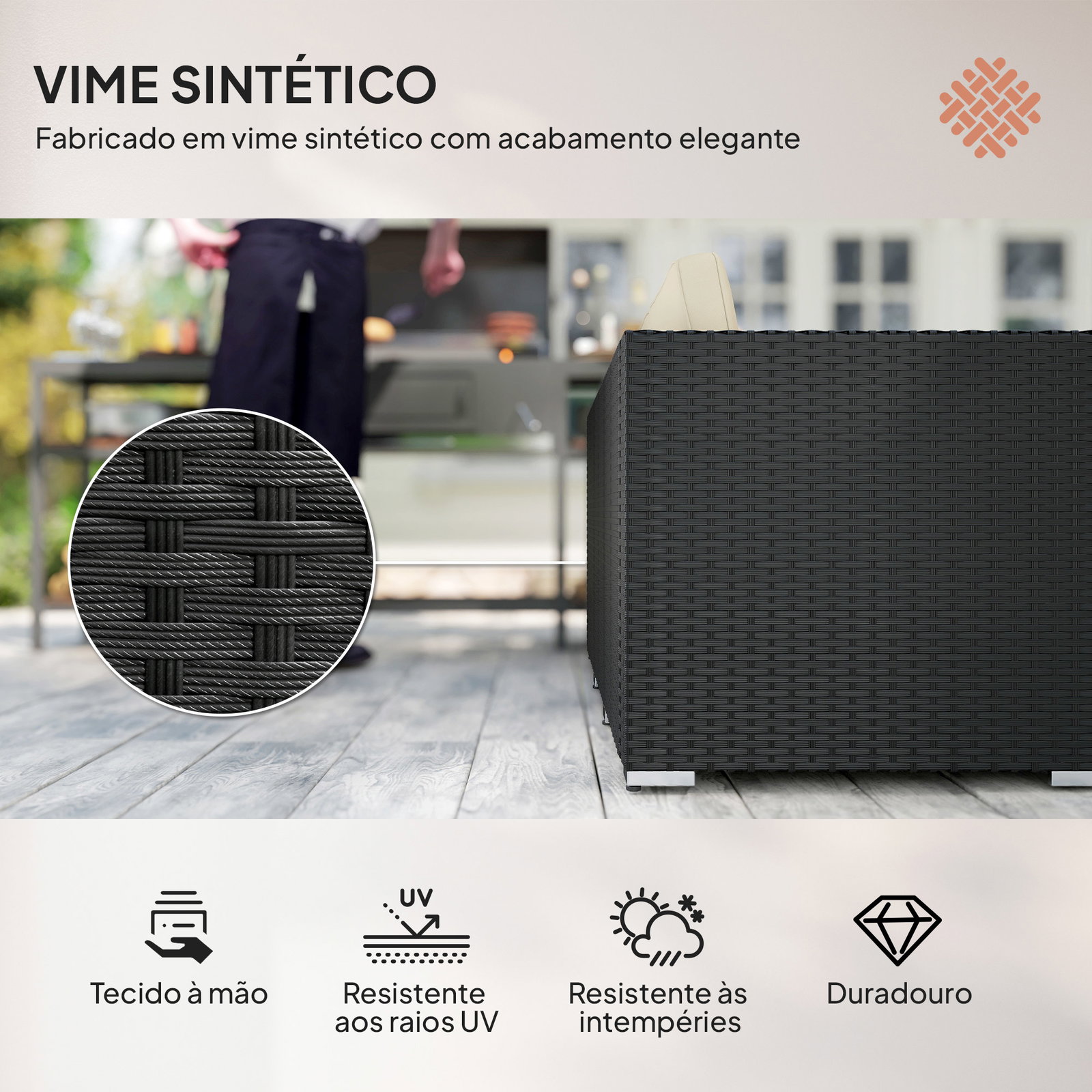 Conjunto de móveis de vime de jardim 3 peças sofá de 3 lugares com almofadas e mesa de centro com bancada de vidro preto e bege