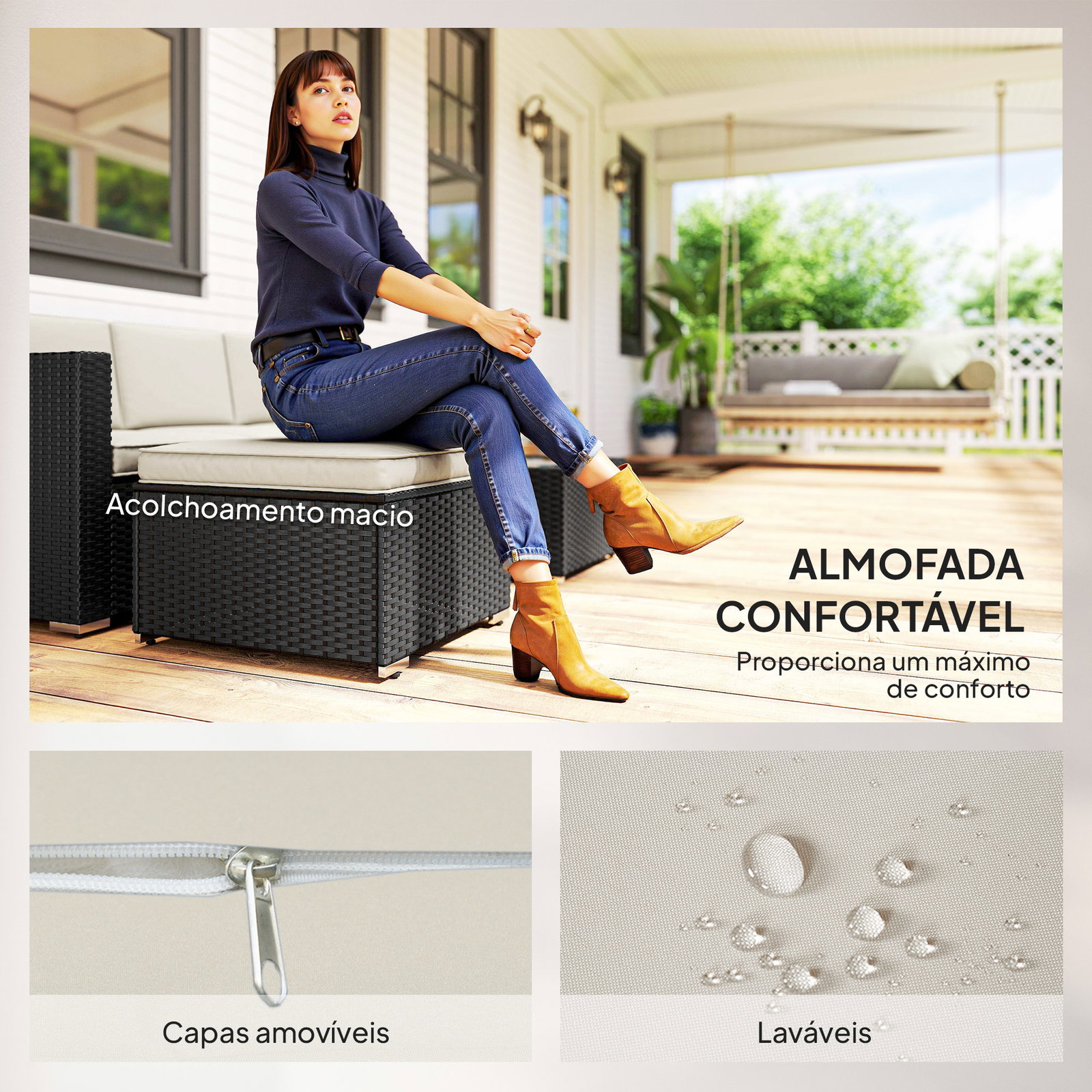 Conjunto de móveis de vime de jardim 3 peças sofá de 3 lugares com almofadas e mesa de centro com bancada de vidro preto e bege