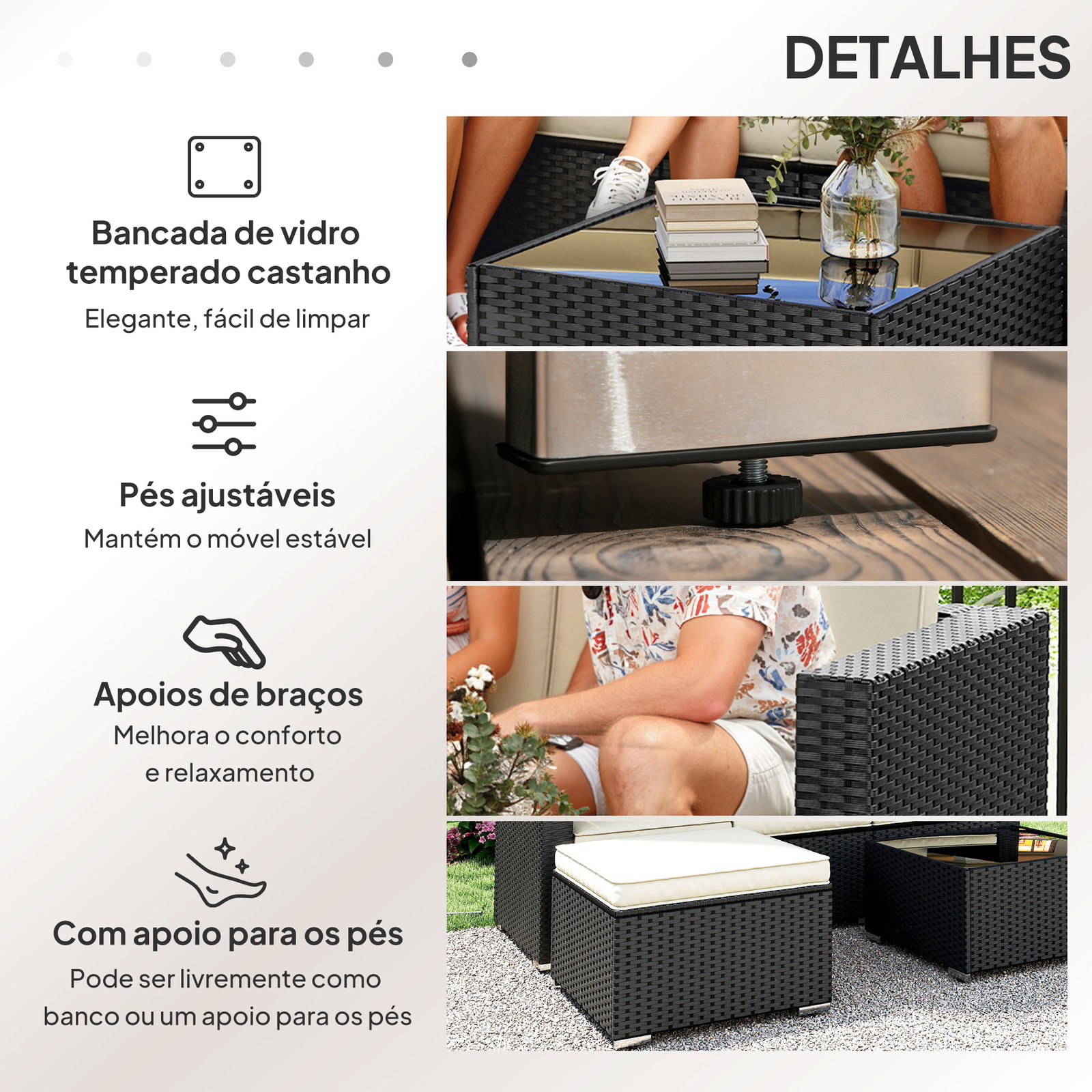 Conjunto de móveis de vime de jardim 3 peças sofá de 3 lugares com almofadas e mesa de centro com bancada de vidro preto e bege