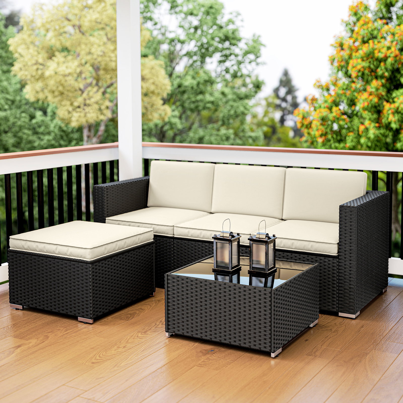 Conjunto de móveis de vime de jardim 3 peças sofá de 3 lugares com almofadas e mesa de centro com bancada de vidro preto e bege