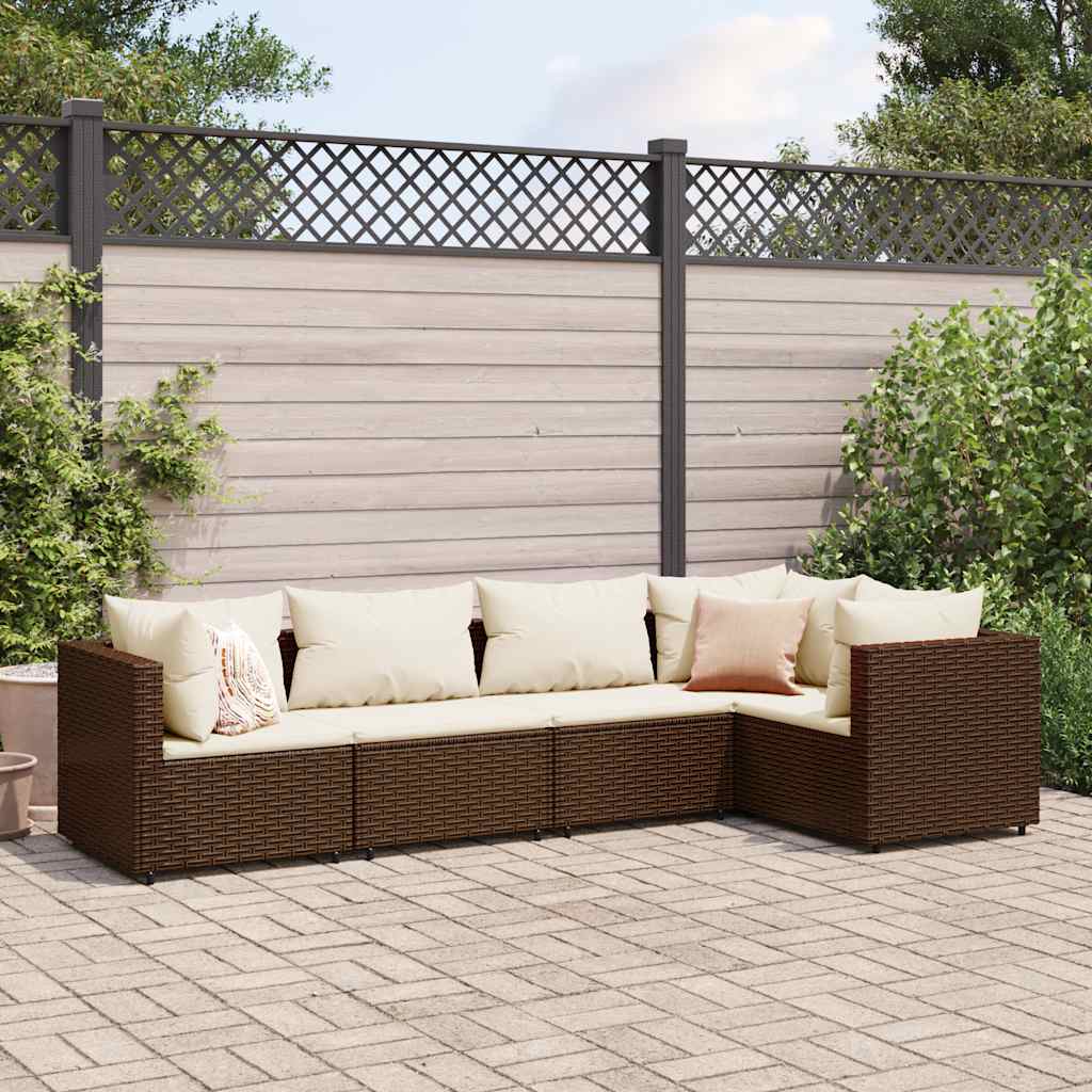 5 Pcs conjunto lounge jardim c/ almofadões vime PE castanho