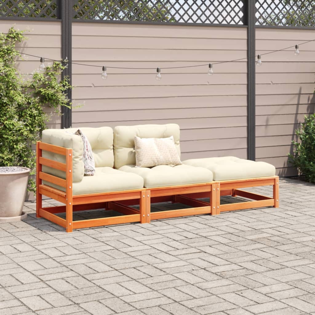 3 Pcs conj. sofás jardim almofadões pinho maciço castanho cera