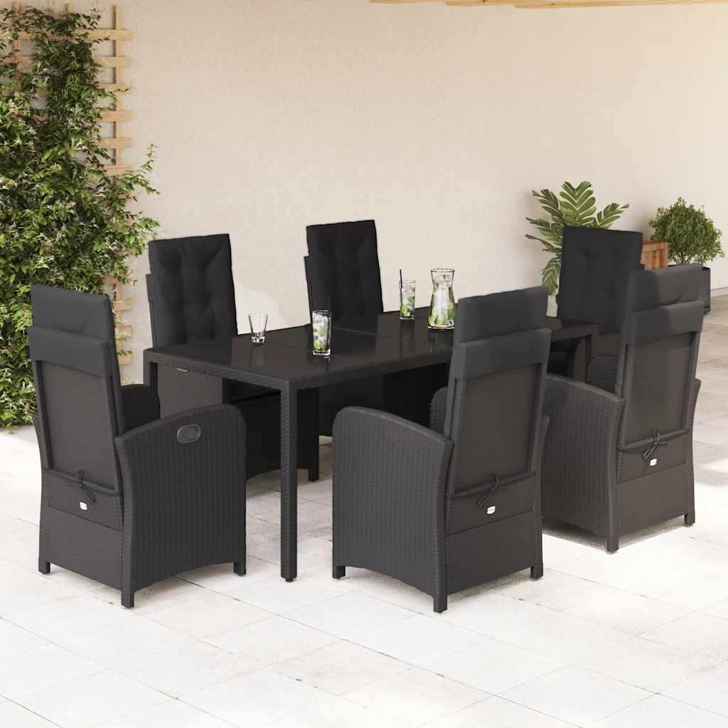 7 Pcs conjunto de jantar p/ jardim c/ almofadões vime PE preto