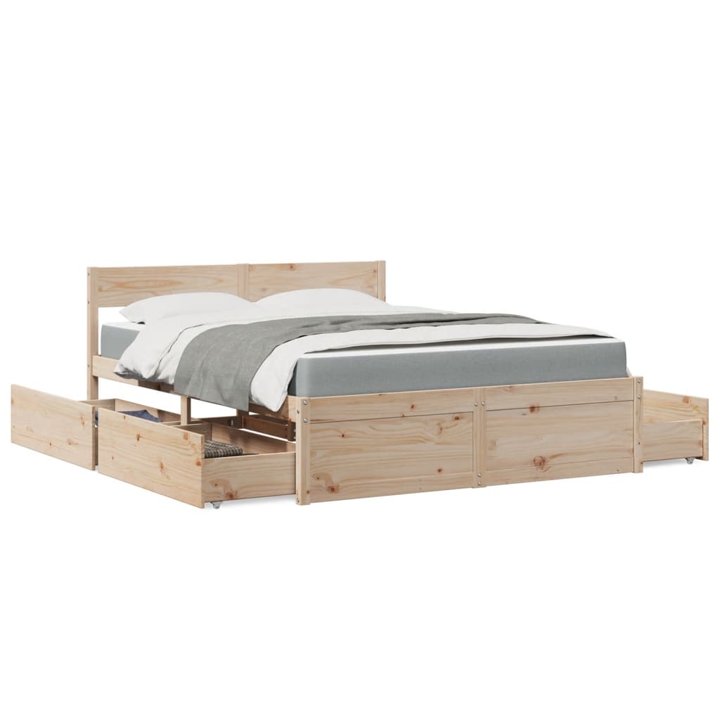 Cama com gavetas e colchão 140x200 cm madeira de pinho maciça