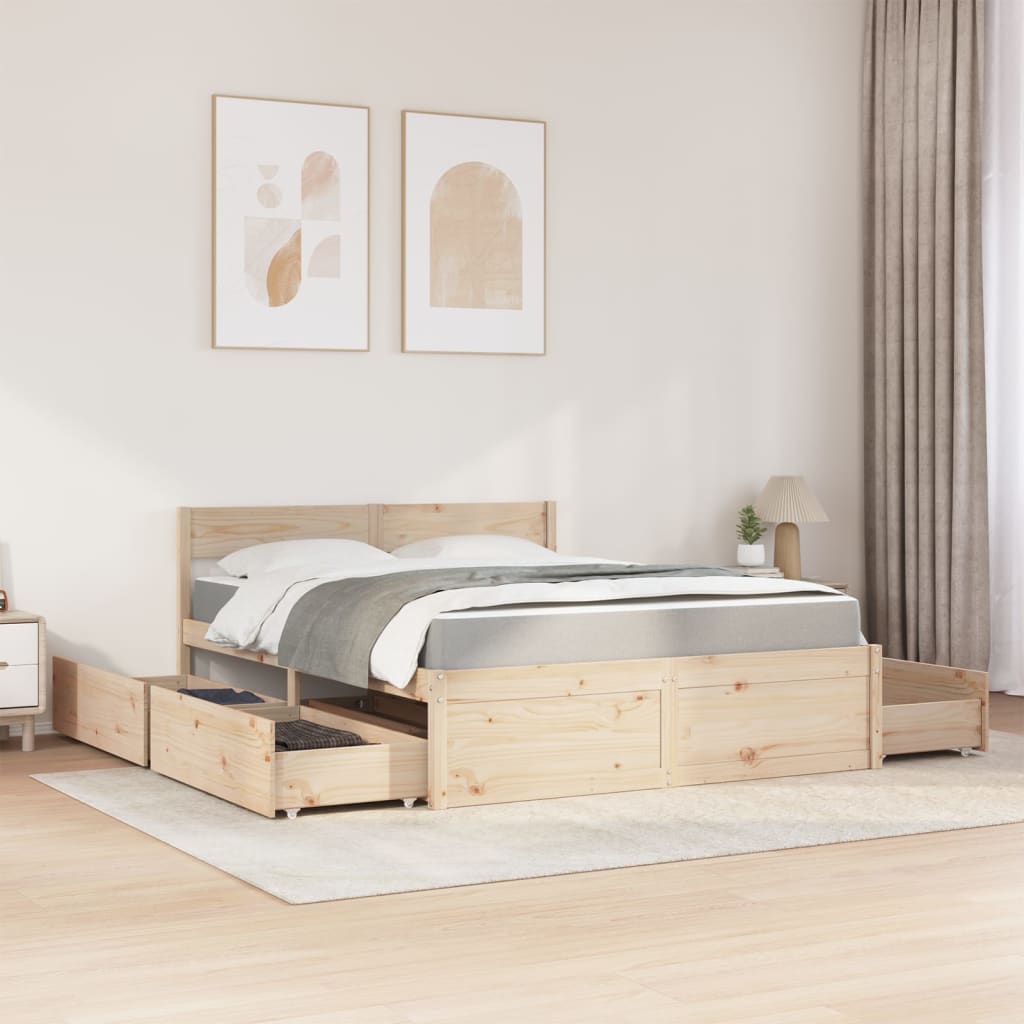 Cama com gavetas e colchão 140x200 cm madeira de pinho maciça