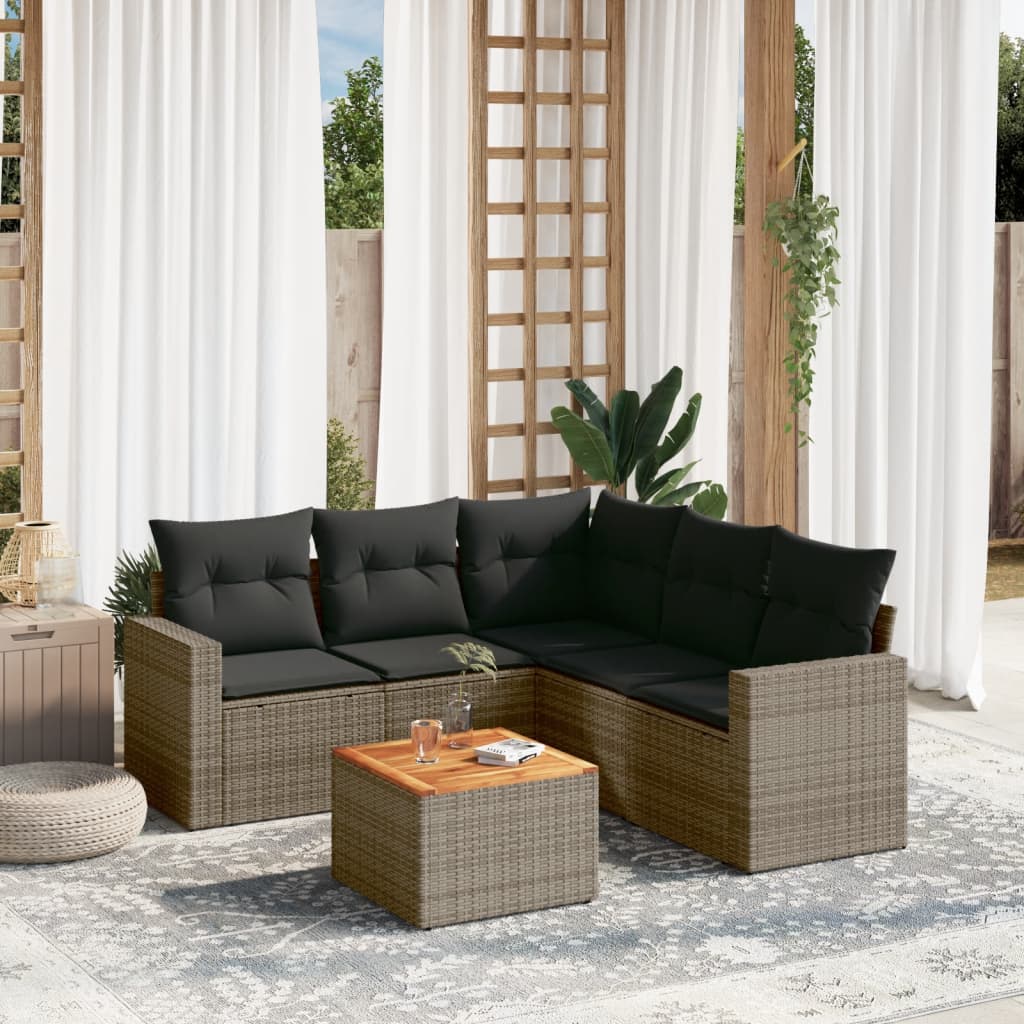 6 Pcs conjunto sofás de jardim com almofadões vime cinzento