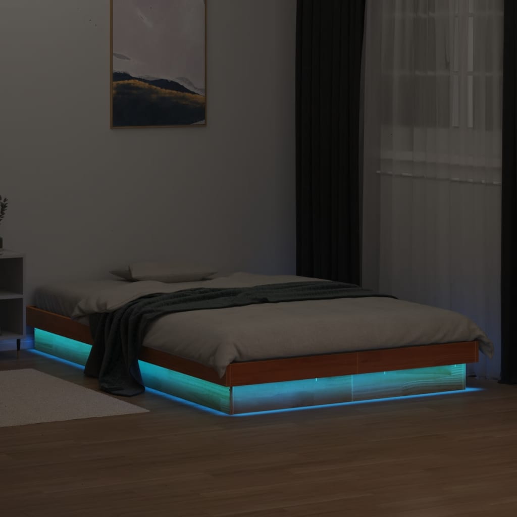 Estrutura de cama c/ leds 140x200 cm pinho maciço castanho mel