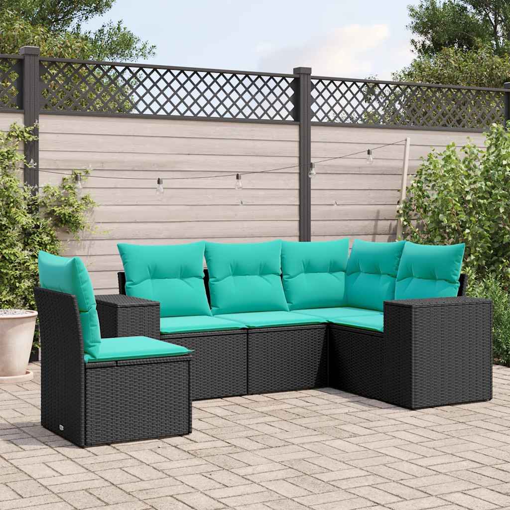 Conjunto de sofá de jardim de 5 peças com almofadas em rattan sintético preto