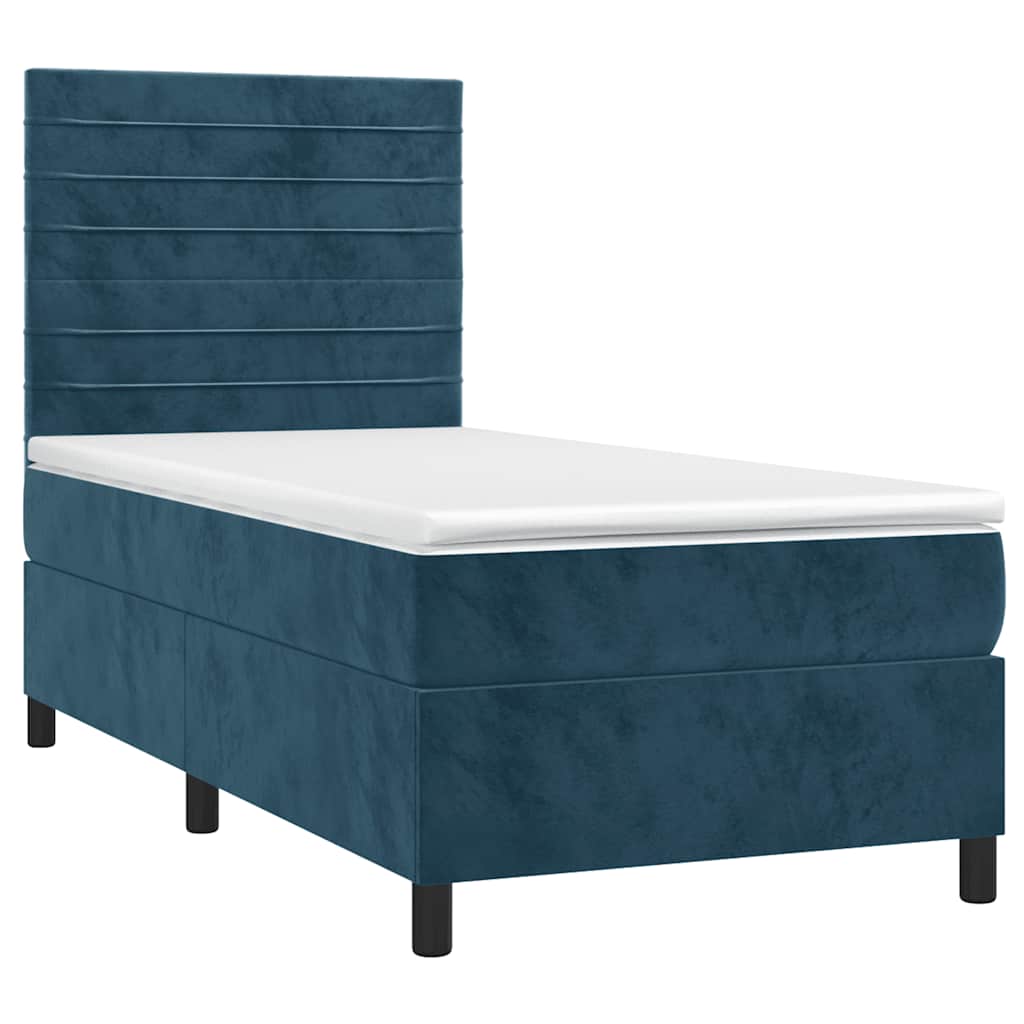 Cama box spring c/ colchão/LED 100x200 cm veludo azul-escuro
