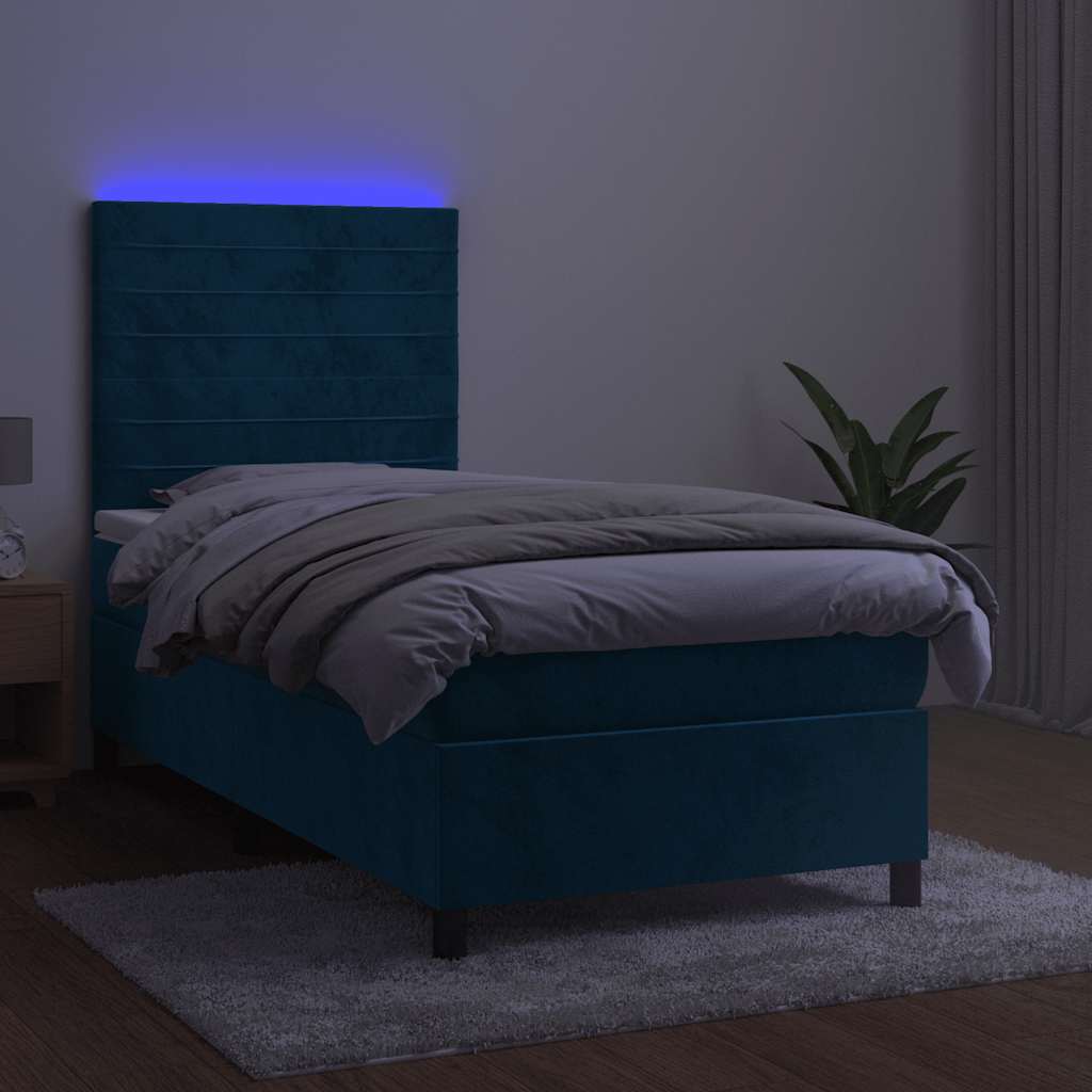 Cama box spring c/ colchão/LED 100x200 cm veludo azul-escuro