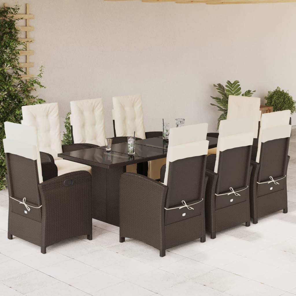 9 Pcs conjunto jantar p/ jardim c/ almofadões vime PE castanho