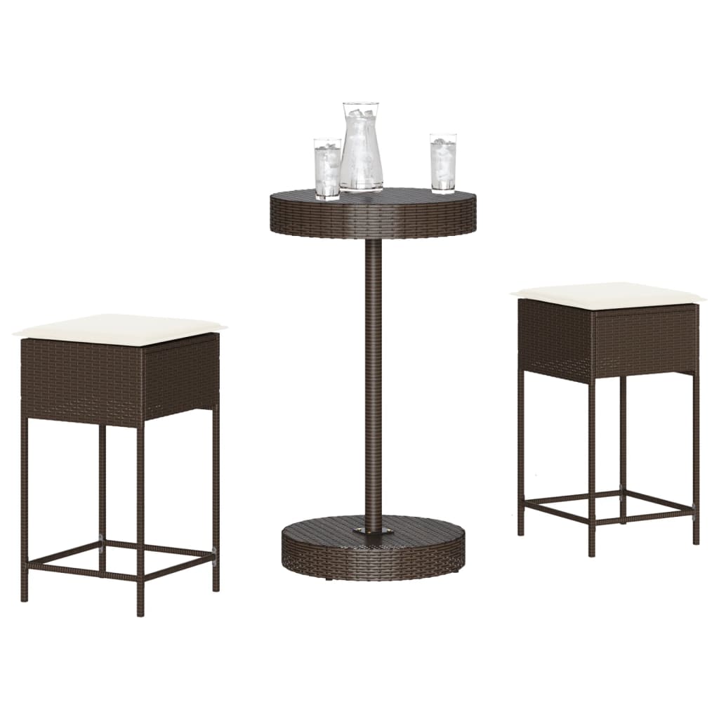 3 Pcs conjunto de bar p/ jardim com almofadões vime PE castanho
