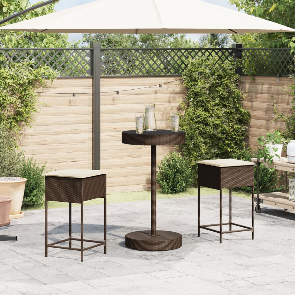 3 Pcs conjunto de bar p/ jardim com almofadões vime PE castanho