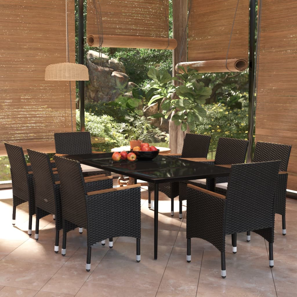 9 Pcs conjunto de jantar para jardim com almofadões preto