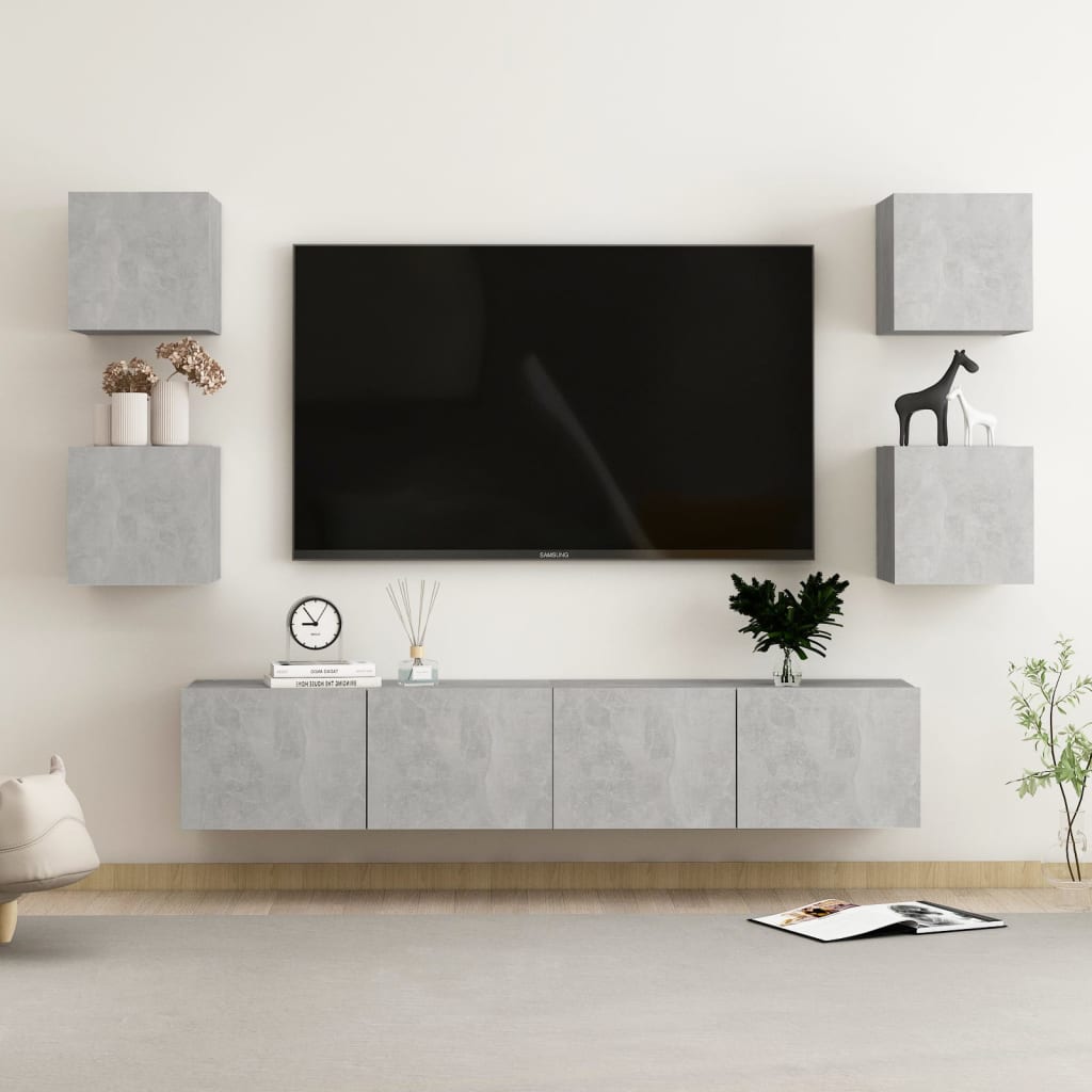 6 Pcs conjunto de móveis de TV contraplacado cinzento cimento
