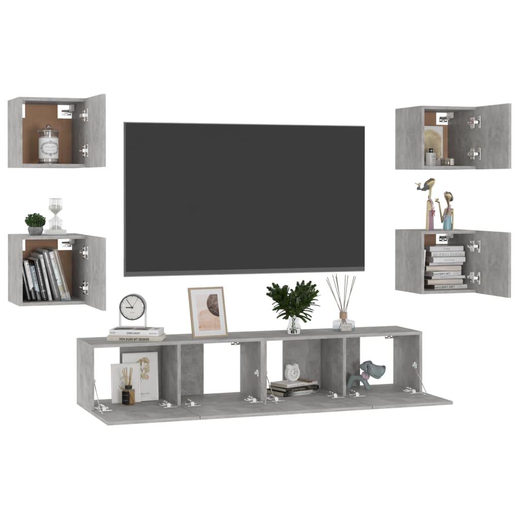 6 Pcs conjunto de móveis de TV contraplacado cinzento cimento