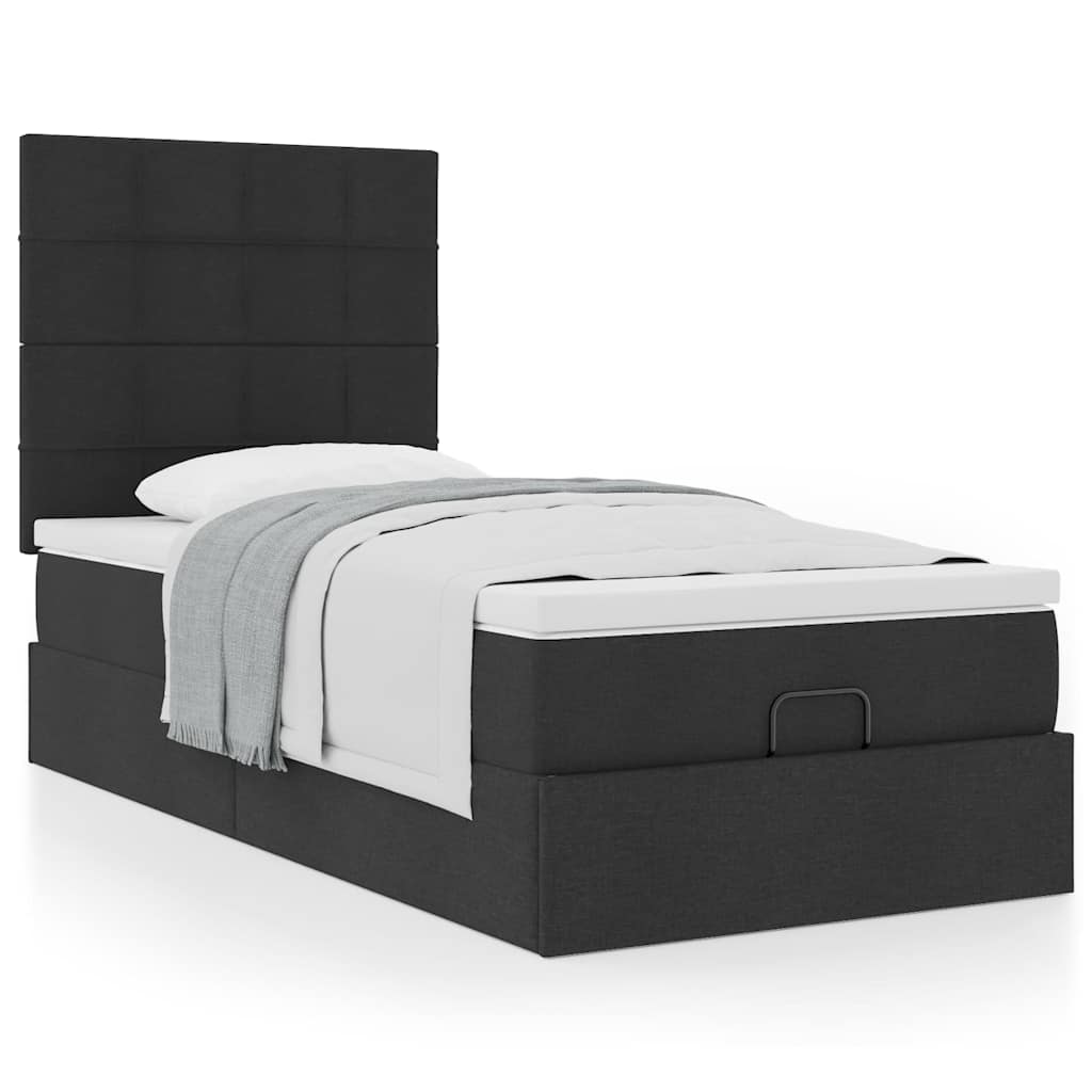 Estrutura de cama otomana com colchão preto tecido