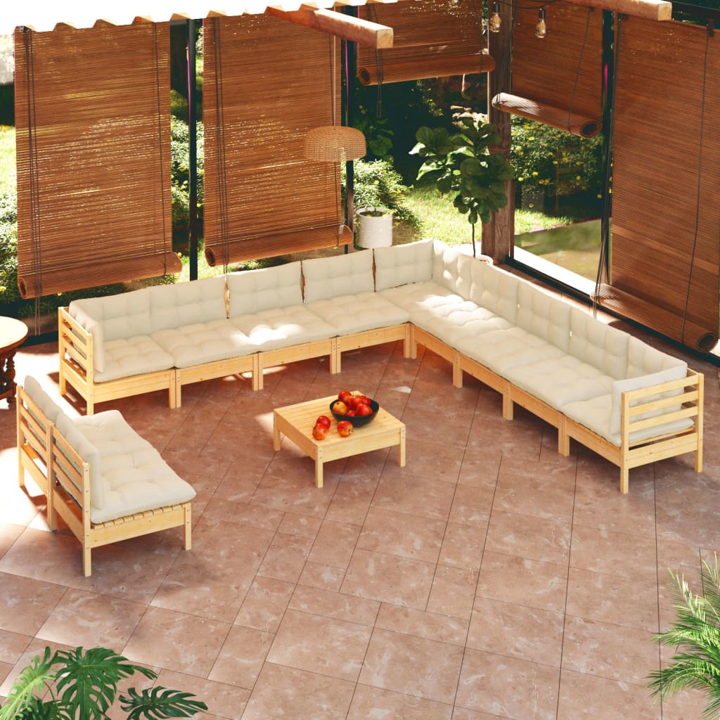 12 Pcs conjunto lounge jardim c/ almofadões creme pinho maciço